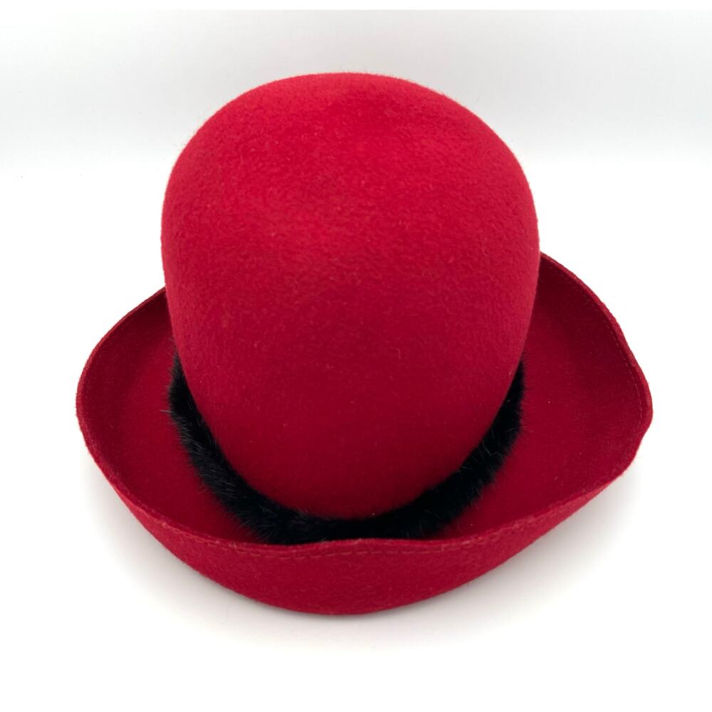 Vintage Liz Claiborne Red Wool Cloche Hat with Mink Fur Trim and Beaded Accent - Picture 5 of 14
